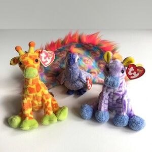 3 TY Beanie Babies - Flashy The Peacock, Vegas The Zebra & Giraffiti The Giraffe